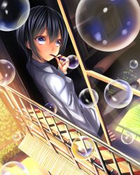  bad_id bad_pixiv_id black_hair blowing_bubbles blue_eyes blush bubble bubble_pipe female from_outside looking_at_viewer looking_back looking_outside mouth_hold original railing shirt short_hair sitting solo unowen window 