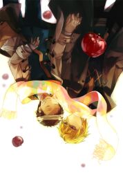  2boys apple bad_id bad_pixiv_id bandages black_hair blonde_hair durarara!! food fruit glasses heiwajima_shizuo long_coat multiple_boys occacia red_eyes ryuugamine_mikado scarf upside-down 