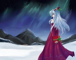  arceonn aurora bare_shoulders bell blue_hair christmas commentary_request detached_sleeves dress female from_behind gift hair_bell hair_ornament hair_ribbon holly landscape long_dress long_hair looking_back mountain original purple_eyes ribbon sky snow solo star_(sky) starry_sky village 