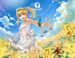  blonde_hair bug cloud commentary_request day dress female flower hair_flower hair_ornament ladybug original photoshop_(medium) ribbon sky solo wrist_ribbon yukiusagi1983 