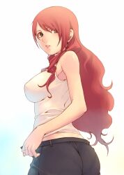  absurdres ass bare_shoulders breasts brown_eyes female highres kirijou_mitsuru large_breasts long_hair looking_back pantylines persona persona_3 red_hair simple_background solo tasaka_shinnosuke white_background 