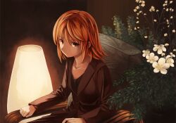  akatsuki_miho akemiho_tabi_nikki bad_id bad_pixiv_id brown_eyes chair female flower gendai_ninjakko_zukan kouno_hikaru lamp orange_hair short_hair sitting solo 