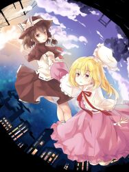  2girls blonde_hair brown_eyes brown_hair building capelet commentary_request hair_ribbon hat highres holding_hands long_hair maribel_hearn multiple_girls nishigyou_teraa photoshop_(medium) purple_eyes ribbon short_hair skirt touhou unworn_hat unworn_headwear usami_renko 