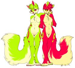  anthro breasts canid canine duo falvie_(character) female fionbri fluffy fluffy_tail green_eyes mammal nude red_eyes smile tail uni 