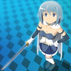  bare_shoulders blue_background blue_eyes blue_hair cape checkered female from_above gloves hiraizumi_(mugenkidousha) looking_up lossy-lossless mahou_shoujo_madoka_magica mahou_shoujo_madoka_magica_(anime) miki_sayaka miki_sayaka_(magical_girl) short_hair smile solo soul_gem sword thighhighs weapon zettai_ryouiki 