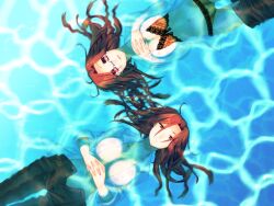  2girls aozaki_touko bad_id bad_pixiv_id bra commentary_request dual_persona highres kamehima kara_no_kyoukai lingerie long_hair midriff multiple_girls navel partially_submerged red_eyes red_hair underwear water 