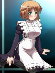  awa blush brown_hair green_eyes maid seikon_no_qwaser sitting teresa_beria 