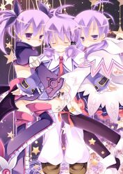  aisha_landar closed_eyes commentary_request costume_chart elemental_master_(elsword) elsword female group_picture leg_warmers loafers magician_(elsword) multiple_persona natsu_dora purple_background purple_eyes purple_hair purple_legwear purple_skirt purple_theme shoes short_hair skirt smile star_(symbol) thighhighs twintails void_princess_(elsword) 