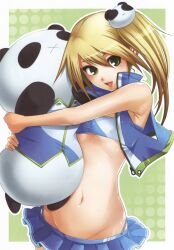  absurdres artist_request bandeau blazblue blonde_hair breasts female green_eyes groin hair_ornament highres lowleg lowleg_skirt microskirt midriff navel noel_vermillion official_art open_mouth panda photoshop_(medium) side_ponytail skirt small_breasts smile solo strapless stuffed_animal stuffed_panda stuffed_toy underboob 