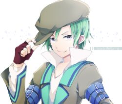  1boy adjusting_clothes adjusting_headwear beret character_name coat commentary_request fingerless_gloves gloves green_hair grey_eyes hat juugonichi_(wheeliex2) male_focus photoshop_(medium) smile solo spada_belforma tales_of_(series) tales_of_innocence white_background 