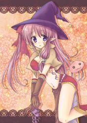  commentary_request elbow_gloves elf female gloves hair_ribbon hat long_hair mage_(ragnarok_online) miyata_(miyatami07) navel pelvic_curtain pointy_ears poring purple_eyes purple_hair ragnarok_online ribbon solo witch_hat 