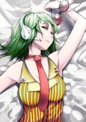  commentary_request female from_above goggles green_eyes green_hair gumi headset looking_at_viewer looking_up lying necktie on_back short_hair sinzan solo striped upper_body vocaloid wrist_cuffs 