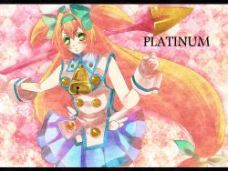  blazblue blonde_hair character_name commentary_request female gloves green_eyes hairband long_hair low-tied_long_hair platinum_the_trinity quad_tails ribbon solo staff yuukikorosuke 