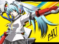  android aqua_hair axe citolo commentary_request female houndstooth labrys_(persona) long_hair persona persona_4:_the_ultimate_in_mayonaka_arena ponytail red_eyes skirt solo weapon 