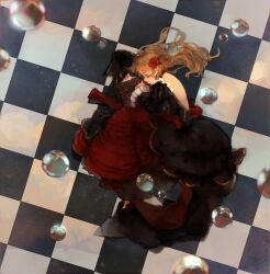  alternate_hairstyle beatrice_(umineko) blonde_hair book checkered_floor closed_eyes commentary_request dress female fetal_position flower formal full_body hair_down hair_flower hair_ornament highres long_hair lying on_side red_flower red_rose rose solo umineko_no_naku_koro_ni wakatsuki_(etoiles) 