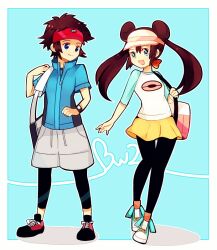  1boy bag blue_eyes brown_hair copyright_name double_bun female hair_buns hat jacket kusayusaai kyouhei_(pokemon) leggings long_hair male_protagonist_(pokemon_bw2) mei_(pokemon) mei_(pokemon) open_mouth pantyhose pokemon pokemon_(game) pokemon_bw2 ribbon shoes short_hair shorts skirt smile sneakers title_drop twintails visor 