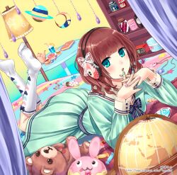  :3 :o aqua_eyes bad_id bad_pixiv_id bed black_hair blue_eyes blush book brown_hair commentary_request crescent cup doughnut dress drinking_straw female fingers_together food fork globe headphones indoors kazuharu_kina lamp looking_at_viewer lying md5_mismatch nail_polish no_shoes on_bed on_stomach open_mouth original own_hands_clasped own_hands_together radio resolution_mismatch shelf short_hair socks solo source_larger star_(symbol) stuffed_animal stuffed_rabbit stuffed_toy sweets tea_set teacup teapot teddy_bear 