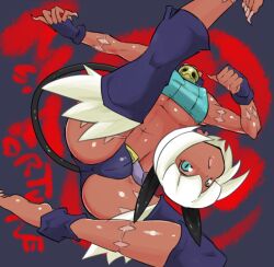  animal_ears attack bare_shoulders blue_eyes breasts cameltoe cat_ears cat_tail character_name commentary_request crop_top dark-skinned_female dark_skin decapitation female fingerless_gloves fukurou_(owl222) gloves grey_background headless jumping kicking leg_up medium_breasts midriff ms._fortune_(skullgirls) navel scar severed_head skullgirls sleeveless solo tail toned underboob upside-down white_hair 