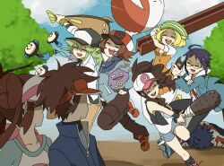  3girls 5boys baseball_cap bianca_(pokemon) black_hair blonde_hair brown_hair cheren_(pokemon) closed_eyes club_(weapon) commentary_request denim denim_shorts double_bun electrode_(pokemon) false_smile glasses green_hair hair_bun hat hilbert_(pokemon) hilda_(pokemon) hugh_(pokemon) kanabou koffing multiple_boys multiple_girls n_(pokemon) nate_(pokemon) pantyhose pokemon pokemon_(creature) pokemon_bw pokemon_bw2 ponytail raglan_sleeves rosa_(pokemon) sei_(shinkai_parallel) shorts smile spiked_club stun_gun stunfisk twintails tympole vest visor_cap weapon yandere you_gonna_get_raped 