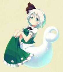  aqua_eyes black_hairband blueberry_(5959) bottomless bow bowtie commentary_request female floating fusion ghost ghost_tail hair_ribbon hairband holding konpaku_youmu konpaku_youmu_(ghost) looking_at_viewer ribbon sepia_background short_hair short_sleeves simple_background skirt smile solo thick_eyebrows touhou unworn_skirt vest white_hair 