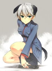  animal_ears boots commentary_request dog_ears dog_girl dog_tail female green_eyes grey_hair gun handgun laura_toth looking_at_viewer no_pants short_hair solo strike_witches:_katayoku_no_majo-tachi tail tsuchii_(ramakifrau) uniform weapon world_witches_series 