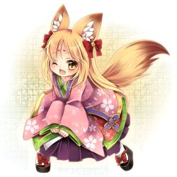  ;d animal_ears bad_id bad_pixiv_id bell blonde_hair bow chokobanira commentary_request emil_chronicle_online female floral_print fox_ears fox_tail hairbow japanese_clothes kimono loki_alma long_hair long_sleeves oerba_yun_fang one_eye_closed open_mouth pink_kimono sleeves_past_wrists smile solo tail yellow_eyes 