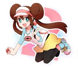  blue_eyes breasts brown_hair female hashibiro mei_(pokemon) mei_(pokemon) open_mouth pantyhose pixiv_manga_sample poke_ball pokeball pokemon pokemon_(game) pokemon_bw2 shoes skirt sneakers visor 