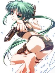  ass ass_cutout bare_shoulders barefoot bikini butt_crack camouflage clothing_cutout commentary_request dual_wielding female green_eyes green_hair gun highres holding holster long_hair midriff monety original photoshop_(medium) ponytail shards sidelocks simple_background solo swimsuit thigh_holster weapon white_background 