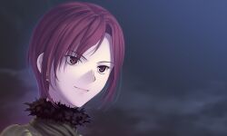  aozaki_touko earrings female game_cg jewelry koyama_hirokazu mahou_tsukai_no_yoru portrait red_eyes red_hair short_hair solo 