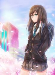  bag brown_hair cardigan commentary_request dress_shirt female green_eyes hands_in_pockets idolmaster idolmaster_cinderella_girls inaba-no-kuni-tottori long_hair necktie petals pleated_skirt school_bag school_uniform shibuya_rin shirt skirt solo 