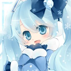  blue_eyes blue_hair blush bow commentary_request female hair_ornament hairbow hatsune_miku jewelry long_hair lowres mittens open_mouth shima_riu skirt smile solo twintails vocaloid yuki_miku yuki_miku_(2012) 