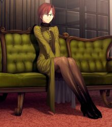  aozaki_touko closed_eyes couch female fishnet_pantyhose fishnets full_body game_cg glasses highres koyama_hirokazu long_legs mahou_tsukai_no_yoru pantyhose red_hair short_hair sitting smile solo 