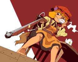  aki_minoriko antique_firearm arquebus bare_legs barefoot chair commentary_request cup dutch_angle feet female firelock food fruit grapes gun hat matchlock onikobe_rin sitting smile solo steam table teacup teapot toes touhou weapon 