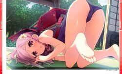  :o absurdres ass backpack bag bare_shoulders barefoot blush braid duplicate feet female flower from_behind hair_flower hair_ornament highres image_sample kantoku looking_at_viewer looking_back one-piece_swimsuit open_mouth pink_eyes pink_hair randoseru scan school_swimsuit single_braid soles solo swimsuit tatami toes top-down_bottom-up tree yandere_sample your_diary yua_(your_diary) 