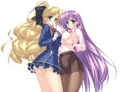  2girls asa_made_jugyou_chu! blonde_hair blue_eyes blush bow breast_press breasts hair_ornament hairbow kakinozaka_ayana large_breasts long_hair multiple_girls munyuu open_mouth pantyhose patricia_benpouin purple_hair symmetrical_docking very_long_hair 