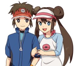  1boy bad_id bad_pixiv_id blue_eyes bright_pupils brown_hair double_bun doughnut_hair_bun female hair_bun holding_another&#039;s_arm jacket koitsu_(blue) long_hair nate_(pokemon) pokemon pokemon_bw2 raglan_sleeves rosa_(pokemon) simple_background twintails visor_cap white_background white_pupils 