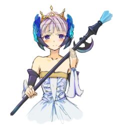  bare_shoulders blue_eyes blush crown detached_sleeves drawfag dress female gown grey_hair gwendolyn_(odin_sphere) hair_ornament imageboard_desourced no_choker non-web_source odin_sphere short_hair solo staff strapless strapless_dress weapon white_dress 