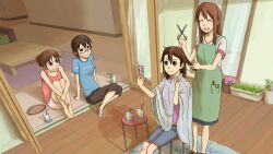  4girls bad_id bad_pixiv_id barefoot bonjin brown_eyes brown_hair casual cellphone cutting_hair flip_phone glasses hairdressing hirasawa_ui hirasawa_yui k-on! manabe_nodoka mother_and_daughter mrs._hirasawa multiple_girls phone red-framed_eyewear scissors selfie semi-rimless_eyewear short_hair siblings sisters under-rim_eyewear 