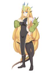  bad_id bad_pixiv_id bare_shoulders black_pantyhose blonde_hair blue_eyes breasts dragon_girl female fingernails hand_on_own_chest highres horns long_fingernails long_hair medium_breasts monster_girl monster_hunter_(series) monster_hunter_3 pantyhose personification photoshop_(medium) royal_ludroth sharp_fingernails shirajira simple_background skirt smile solo tail very_long_hair 