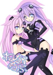  2girls :o absurdres armpits black_footwear black_gloves black_legwear blue_eyes blush boots braid breasts choujigen_game_neptune_mk2 cleavage cleavage_cutout clothing_cutout commentary_request crop_top elbow_gloves from_side gloves hair_ornament hand_on_another&#039;s_head highres hug leotard long_hair magical_girl meimu_(infinity) multiple_girls navel nepgear neptune_(series) open_mouth photoshop_(medium) pink_hair power_symbol power_symbol-shaped_pupils purple_hair purple_heart_(neptunia) purple_sister shadow siblings sidelocks sisters sitting small_breasts standing symbol-shaped_pupils thigh_boots thighhighs turtleneck twin_braids twintails uneven_eyes very_long_hair white_background 