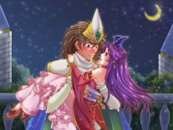  1boy angela_(seiken_densetsu_3) armor bad_id bad_pixiv_id blush cape carrying commentary_request couple crescent_moon detached_sleeves dress duran_(seiken_densetsu_3) earrings female frilled_dress frills green_eyes hat heart helmet jewelry lipstick long_hair makeup moon night pointy_ears princess_carry purple_hair seiken_densetsu seiken_densetsu_3 sky star_(sky) starry_moon starry_sky straight suiju_mana sweat 