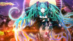  aqua_eyes aqua_hair commentary_request female hatsune_miku highres japanese_clothes kimono long_hair nagimiso oil-paper_umbrella solo umbrella very_long_hair vocaloid 