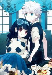  2boys alluka_zoldyck bad_id bad_pixiv_id black_hair blue_eyes boots brothers cake dress food hair_ornament hairband hunter_x_hunter killua_zoldyck long_hair monkgooii multi-tied_hair multiple_boys necktie otoko_no_ko panda purple_eyes siblings vest white_hair 