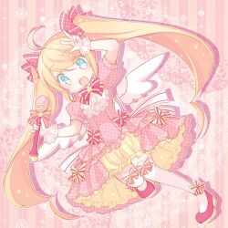  album_cover aruya_(flosrota) blonde_hair bloomers blue_eyes blush bow commentary_request cover dress female gloves hairbow indie_utaite long_hair microphone nanahira photoshop_(medium) solo thighhighs twintails underwear utaite wand wings 