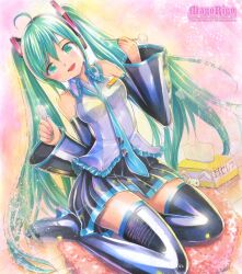  ahoge boots commentary_request detached_sleeves female hatsune_miku headphones high_heels long_hair mayo_riyo mimikaki shoes solo thigh_boots thighhighs tissue twintails very_long_hair vocaloid zettai_ryouiki 