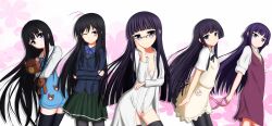  5girls accel_world apron bad_id bad_pixiv_id black_hair blue_eyes color_connection commentary_request crossover daisy_(working!!) dress_shirt glasses gundam gundam_age hair_color_connection highres hime_cut inu_x_boku_ss kami-sama_no_memo-chou kuroyukihime long_hair look-alike multiple_crossover multiple_girls no_panties pantyhose purple_hair shionji_yuuko shirakiin_ririchiyo shirt stuffed_animal stuffed_toy teddy_bear thighhighs tom-ani working!! yamada_aoi yurin_leciel 