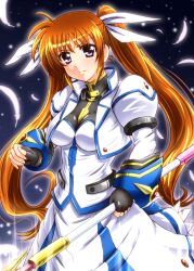  aged_up blue_eyes brown_hair commentary_request diesel-turbo feathers female gloves long_hair lyrical_nanoha magical_girl mahou_shoujo_lyrical_nanoha_strikers raising_heart ribbon solo takamachi_nanoha takamachi_nanoha_(exceed_mode) twintails 