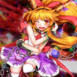  ;d blush boots bow chains commentary_request dress female horns ibuki_suika kazetto oerba_yun_fang one_eye_closed open_mouth smile solo thighhighs touhou 