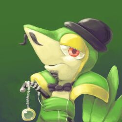  beard facial_hair gentleman hat moustache no_humans pocket_watch pokemon red_eyes snivy watch 