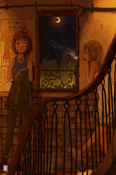  2girls black_legwear brick_wall brown_hair building cactus cigarette crescent_moon dress hair_ornament hairclip highres inukoko leggings long_hair moon multiple_girls night original print_leggings profile short_hair slippers smoke window 